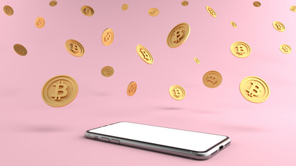 3D rendering. Minimal abstract scene with Smartphone white screen and Surrounded by cryptocurrency bitcoin. Smartphone can be used for advertising, Future currency, Isolated on pink background.
