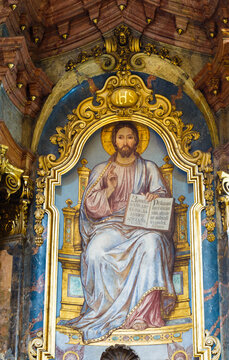 Religious Orthodox Icon Of Sitting Lord Jesus Christ God With Open Bible.