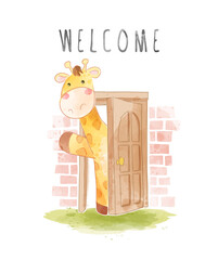 welcome slogan with cartoon giraffe in front of wood door illustration