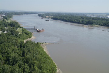 Aerial view of the Missouri River in summertime near St. Charles, Missouri