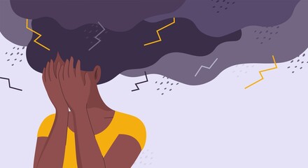Concept stock illustration for racism, diversity, psychology, mental stress, depression, exhaustion, burn out, fear, anger and racial equality. Stressed, unhappy African girl or woman is under a storm - obrazy, fototapety, plakaty