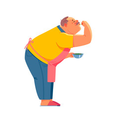 Senior funny elder man happy living in kitchen. Grandfather cooking salad dish with happiness and smile enjoy retirement life. Older people activity in family at home. Cartoon vector illustration