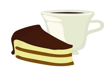 Ceramic mug. A piece of chocolate cake with cream and chocolate topping. Tea, coffee. A piece of chocolate cake with cream and chocolate topping.