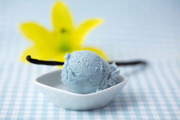 Blaues Vanilleeis gefärbt als Schlumpfeis mit Pflanze - obrazy, fototapety, plakaty