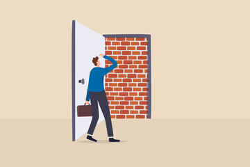 Business dead end, no way to exit or big mistake and wrong decision, obstacle and difficulty to overcome concept, businessman open exit door and found brick wall blocking the way. - obrazy, fototapety, plakaty