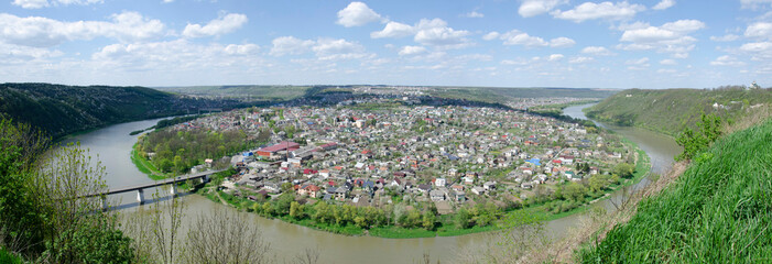 Panorama view of the Zalishchyky, Ukraine. Dnister river.