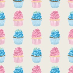 Geometric seamless pattern of evenly spaced blue and pink cupcakes on a sand background