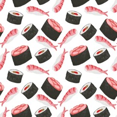 Sushi and rolls Seamless Pattern on white background Japanese food shrimp, cod, rice, black, pink color