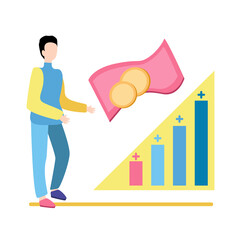 The Concept of Savings and Conservation capital. Youn Man Holds Coins and Bill, Take money, Business Growth and Money Savings Infographics design, vector illustration. Finance, Investment.