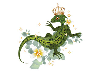 Zauneidechse mit Krone und exotischen Pflanzen