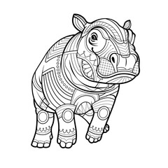 Baby hippopotamus Black white hand drawn coloring page.