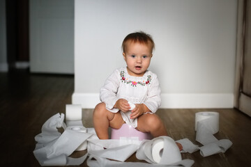 Funny kid Toddler sits on a pot with toilet paper, concept of teaching pot, child autonomy. Baby Child Pissing And Splits Many Rolls of Toilet Paper, Toddler scatters toilet paper