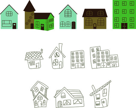 Set of isolated houses drawing by hand in outline style and modern abstract flat style