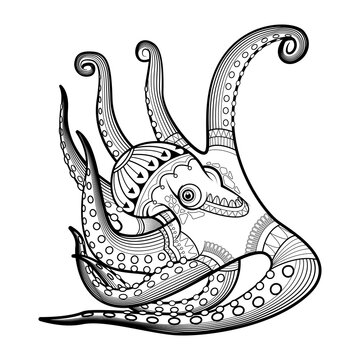 Squid Black white hand drawn coloring page.