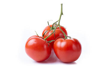 A branch of three fresh red tomatoes isolated on a white background.