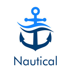 Logotipo con texto Nautical y ancla de barco con olas en color azul