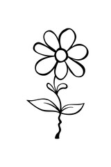 Hand drawn cute flower on stem. Clip art, black and white stylized botanical elements for design isolated. Vector illustration in doodle cartoon style