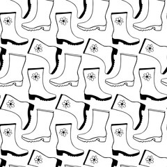 Vector seamless pattern of outline rubber rain boots for rainy weather or gardening, isolated. Hand drawn background and texture with element of clothes in doodle style