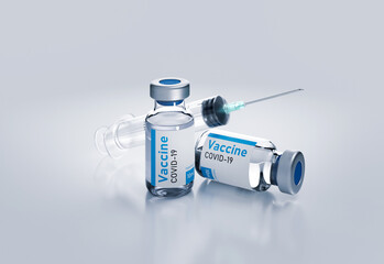 Ampoules vaccine from coronavirus with syringe 3d render illustration on white.