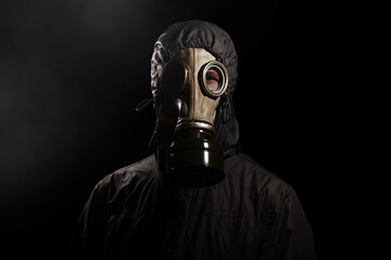 A man in a hood and gas mask looks into the camera on a dark background in the studio