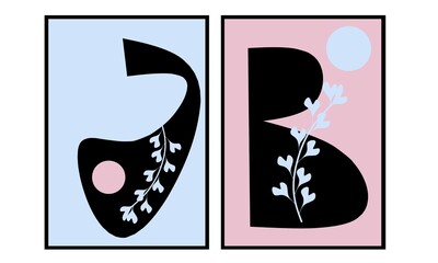 Set two pieces of J and B alfabet wall art. Tropical plant wall decor. Geometry shapes and leaves wall Decorations with pastel color Scandinavian style vector set. © Ulfa