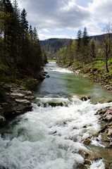 Mountain forest river water landscape. Waterfall in Carpathian Mountains, Ukraine.