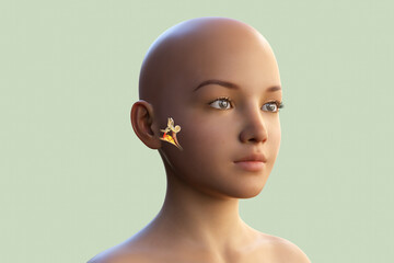 Otitis media, a group of inflammatory diseases of the middle ear, 3D illustration