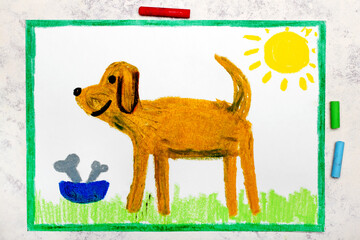 Colorful drawing: cut brown dog and bowl with bones