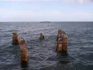 Concrete pier remnants left by strong typhoon sea waves
