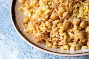 Traditional delicious Turkish food; bulgur pilaf with chickpea (Turkish name; nohutlu bulgur pilavi)