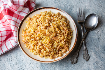 Traditional delicious Turkish food; bulgur pilaf with chickpea (Turkish name; nohutlu bulgur pilavi)