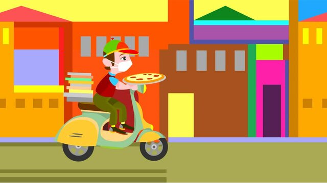 Funny pizza delivery boy rides a green motorcycle.