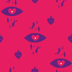 Hand drawn repeat background with Burning Eyes and herts. Contemporary modern trendy vector seamless pattern