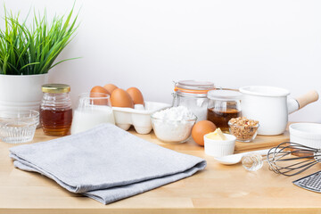 Selective focus.Cooking breakfast food or bakery with ingredient and copy space of napkin cloth.For