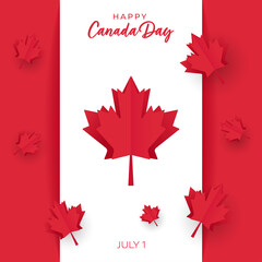 Happy Canada Day banner with Canada Flag and paper cut maple leaves. Vector illustration