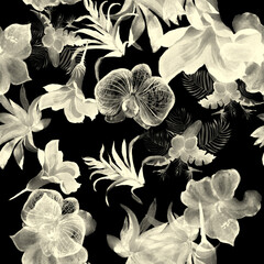 White Hibiscus Decor. Black Flower Textile. Watercolor Garden. Floral Backdrop. Seamless Texture. Pattern Leaf. Tropical Foliage. Fashion Design.