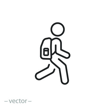 man with backpack, icon, activity hiking, walk human, journey outdoor concept, thin line symbol on white background - editable stroke vector eps10