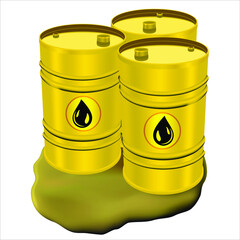 Thre yellow iron barrel isolated on white background. Concept of the financial crisis on the oil market. 200L Industrial Oil Barrel. Single black barrel. 3D rendering.