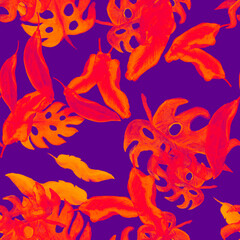 Monstera Pattern Backdrop. Violet Seamless Leaf. Nature Illustration. Pink Watercolor Garden. Tropical Backdrop. Floral Painting. Summer Monstera.Isolated Garden.