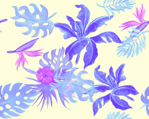 Indigo Monstera Garden. Fuchsia Watercolor Palm. Purple Banana Leaf Background. Azure Seamless Plant. Pink Pattern Wallpaper. Tropical Jungle. Vintage Jungle.