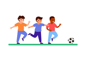 Fototapeta na wymiar Children play on football, play game with ball on playground. Boys run wiht ball together, soccer. Vector flat illustration