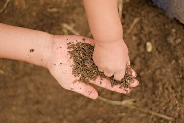 Hands receiving sand from the hands of a child. Selective focus