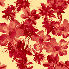 Red Watercolor Print. Pink Flower Leaf. Rusty Seamless Wallpaper. Coral Hibiscus Plant. Pattern Backdrop. Tropical Leaf. Fashion Wallpaper.Art Leaf.