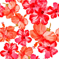 Scarlet Hibiscus Wallpaper. Red Flower Wallpaper. Pink Seamless Texture. Vintage Illustration. Pattern Garden. Watercolor Backdrop. Tropical Painting. Exotic Decor.