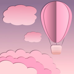 Landscape with balloons, clouds. Paper cut is a craft style. 