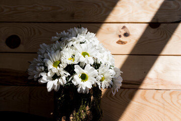 Bunch of white daisies in front of natural bark boards.