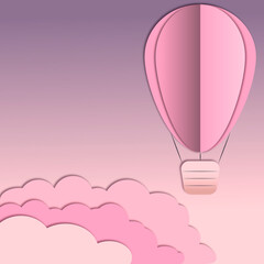 Landscape with balloons, clouds. Paper cut is a craft style