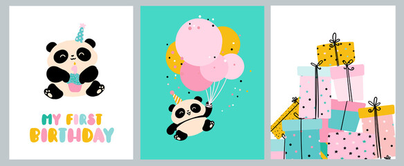 Cute birthday cards with panda bears. Bright children's holiday design
