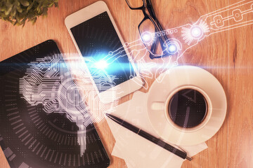 Multi exposure of brain drawing over work table desktop. Top view. Global data analysis concept.