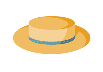 Womens yellow hat with blue ribbon, on tape pink polka dot print. Beach hat. Vector illustration in a flat style, an icon isolated on a white background.